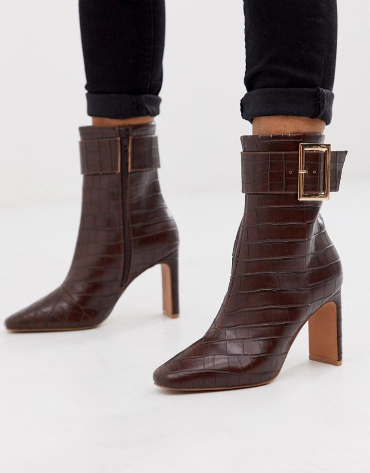 Asos Design Entourage Buckle High Ankle Boots In Brown Croc