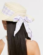 Boardmans Sun Hat With Bow Back Detail With Gingham Tie In Natural Straw-multi