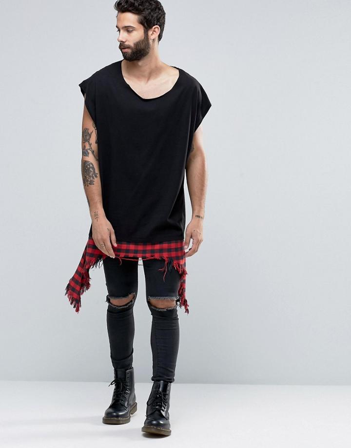 Asos Super Oversized T-shirt With Scoop Neck And Shredded Check Hem Extender In Black - Black