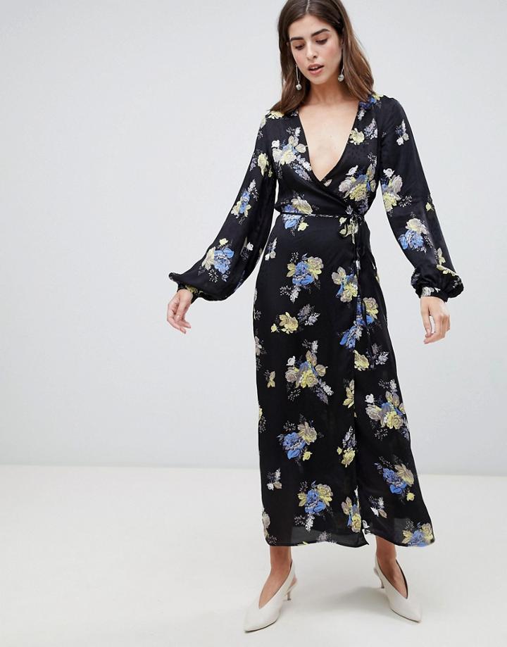 Gestuz Aia Floral Print Wrap Maxi Dress-navy
