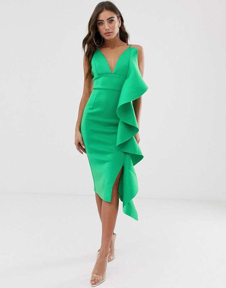 Lavish Alice Draped Frill Scuba Midi Dress In Green - Green