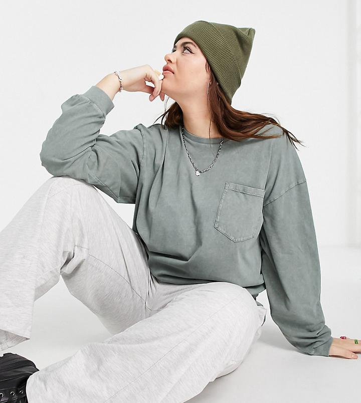 Asos Design Curve Oversized Top With Pocket In Washed Green