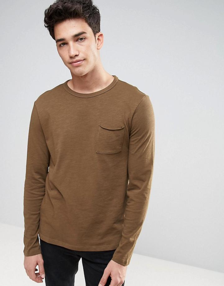 New Look Long Sleeve Slub T-shirt In Khaki - Green