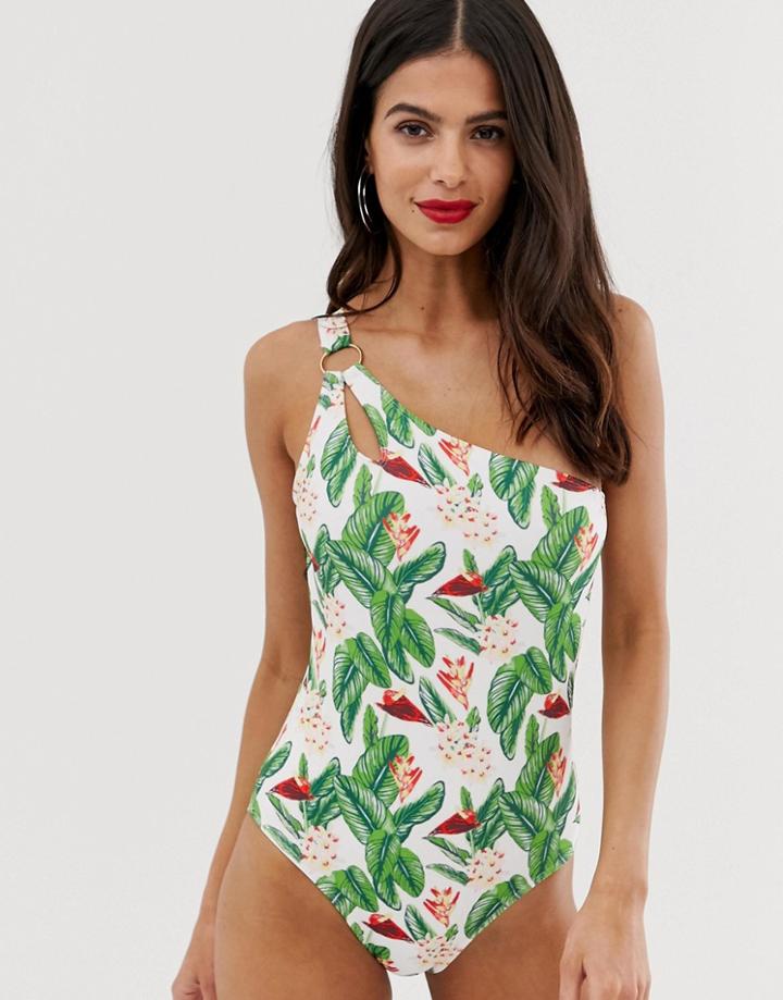 Unique21 Asymmetric Swimsuit With Cut Out Tropical Print - Multi