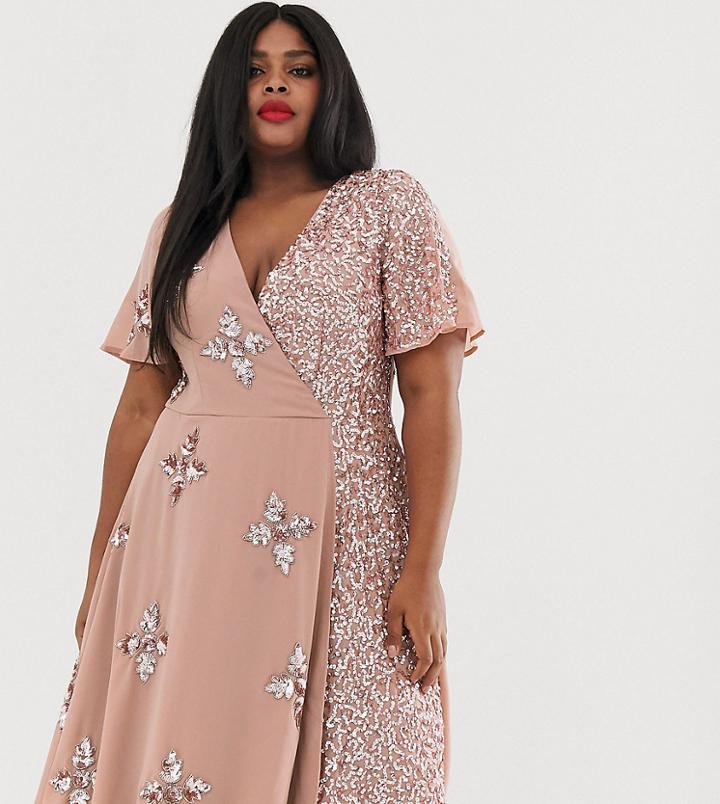Maya Plus Wrap Front Embellished Midi Dress With Contrast Sequin In Pink - Pink
