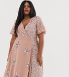 Maya Plus Wrap Front Embellished Midi Dress With Contrast Sequin In Pink - Pink