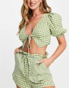 Fashion Union Exclusive Tie Front Crop Beach Top In Olive Check - Part Of A Set-green