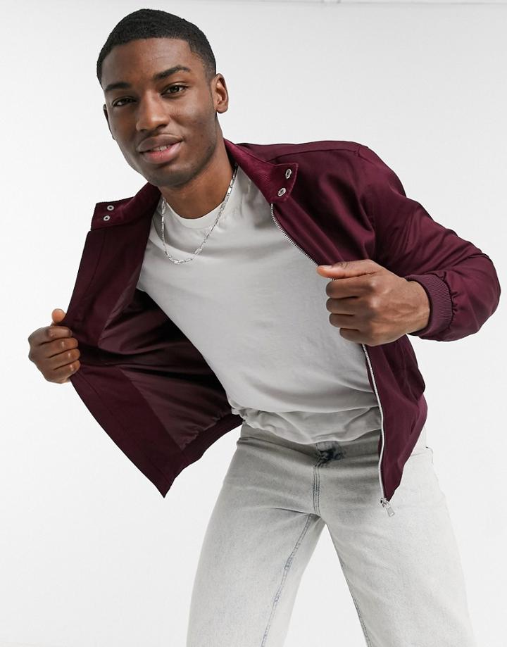 Asos Design Harrington Jacket With Funnel Neck In Burgundy-red