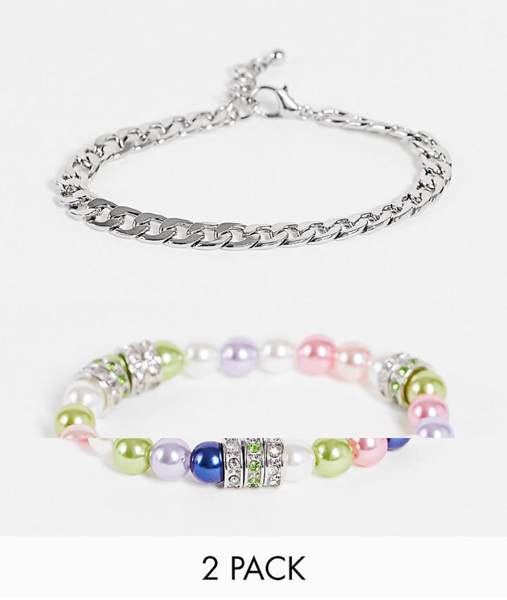 Asos Design 2 Pack Bracelet Set With Silver Chain And Multi Color Pearls