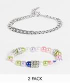 Asos Design 2 Pack Bracelet Set With Silver Chain And Multi Color Pearls