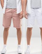Asos 2 Pack Slim Long Length Chino Shorts In Pink And White Save - Multi