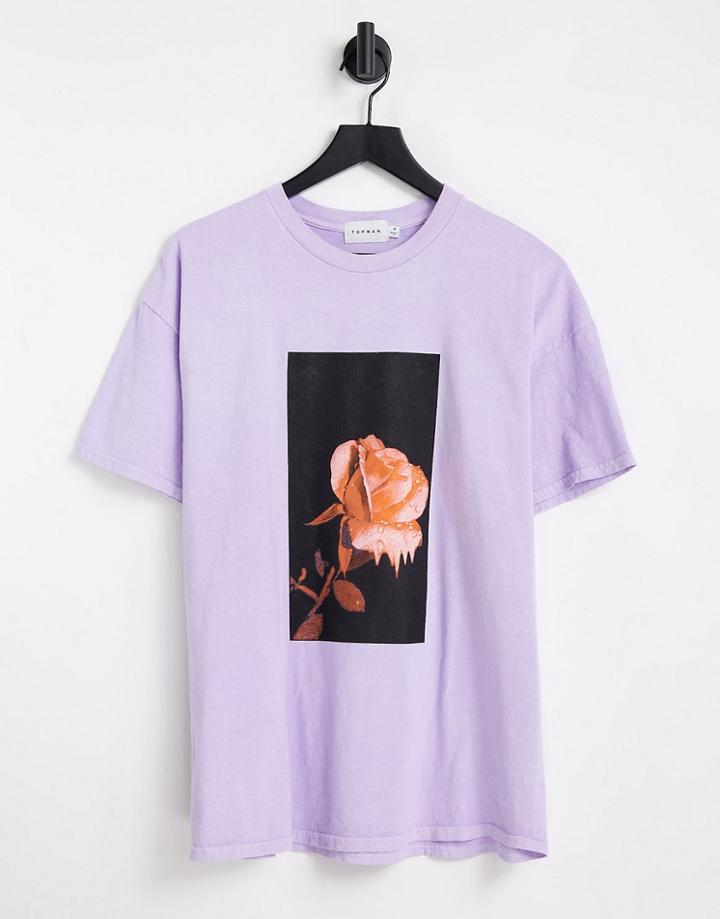 Topman Oversize T-shirt With Photographic Rose Print In Lilac-purple