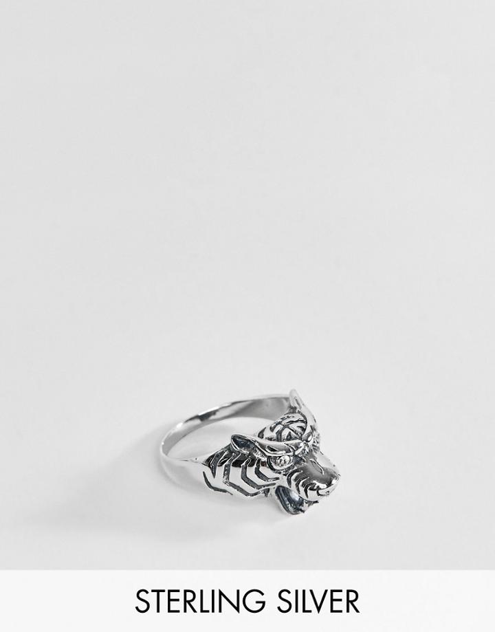 Asos Design Sterling Silver Tiger Ring With Crystals - Silver