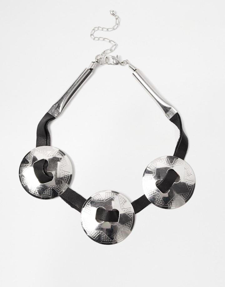 Asos Western Leather Concho Choker Necklace - Rhodium