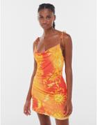 Bershka Sun Print Mesh Tie Strap Mini Dress With Lettuce Hem In Orange