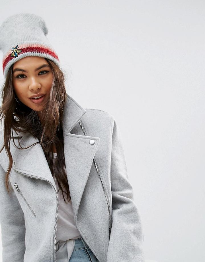 Asos Bee & Stripe Fluffy Beanie - Gray