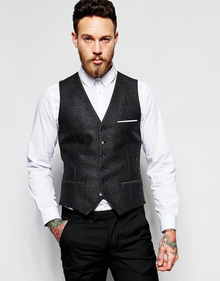Heart & Dagger Herringbone Vest T In Skinny Fit - Charcoal