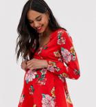 Influence Maternity Wrap Front Floral Blouse With Flutter Sleeve-red
