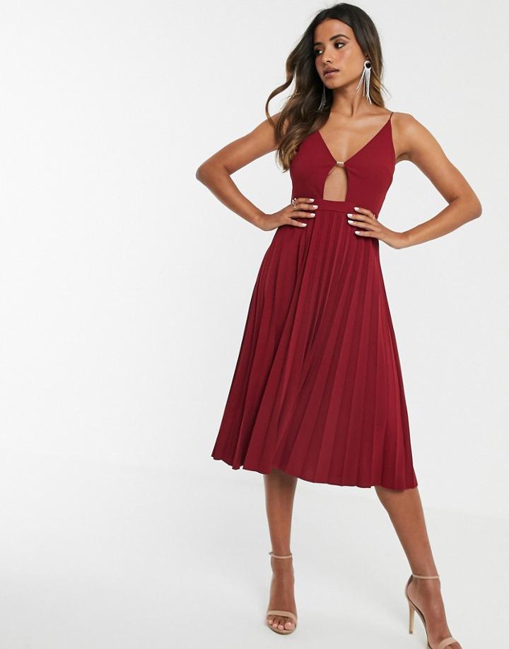 Asos Design Minimal Pleated Midi Dress With Gold Bar Detail-yellow