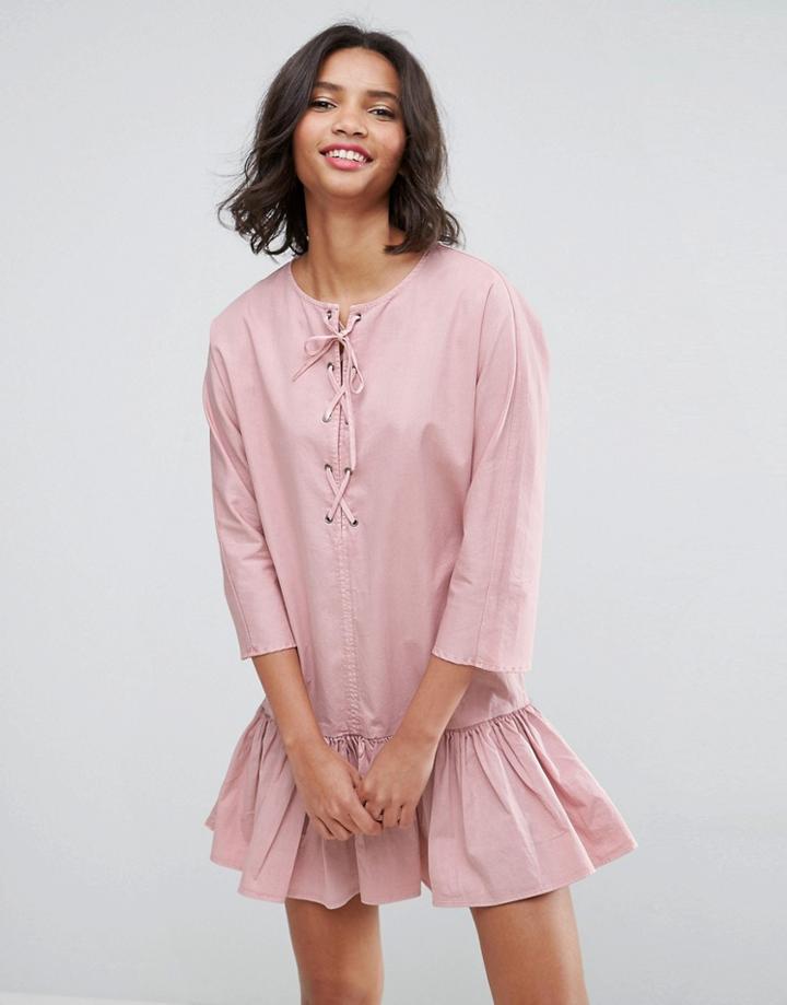 Asos Drop Waist Lace Up Casual Dress - Pink