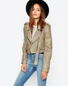 Asos Cropped Biker Jacket With Vintage Details In Premium Leather - Stone