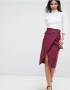 Asos Leather Look Midi Pencil Skirt With Belt Detail - Red