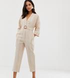 Native Youth Relaxed Jumpsuit In Linen Stripe With Buckle - Beige