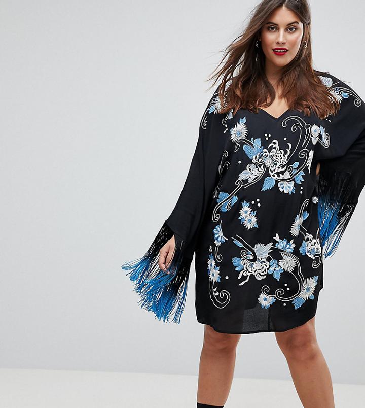 Asos Curve Premium Embroidered Long Sleeve Dress With Fringe Sleeves - Multi
