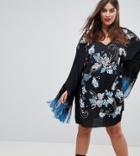 Asos Curve Premium Embroidered Long Sleeve Dress With Fringe Sleeves - Multi