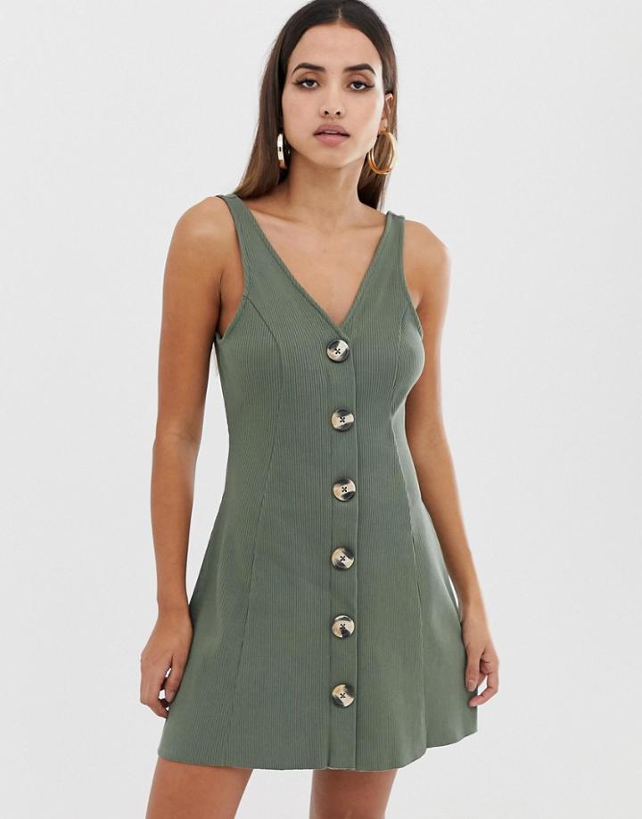 Asos Design Button Through Rib Mini Dress-green