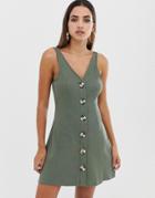 Asos Design Button Through Rib Mini Dress-green