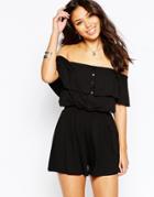 Asos Off Shoulder Bandeau Romper With Buttons - Black