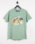 Vintage Supply Oversized T-shirt With Mountain Wolves Graphic-green