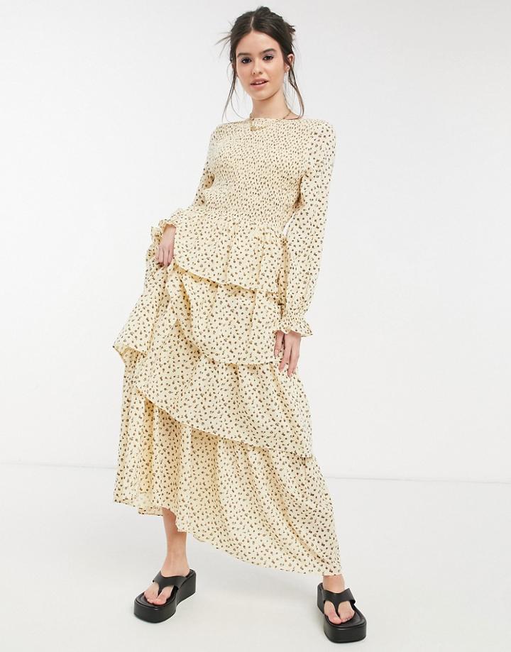 Lost Ink Long Sleeve Maxi Dress With Tiered Skirt And Shirred Bodice-neutral