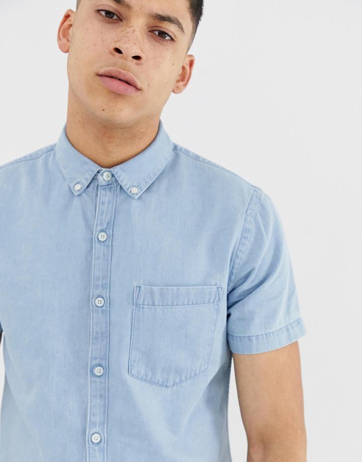 New Look Regular Fit Short Sleeve Denim Shirt In Blue Wash - Blue