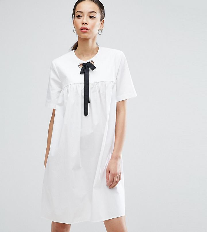 Asos Tall Smock Mini Dress With Eyelet Detail And Grosgrain Tie - White