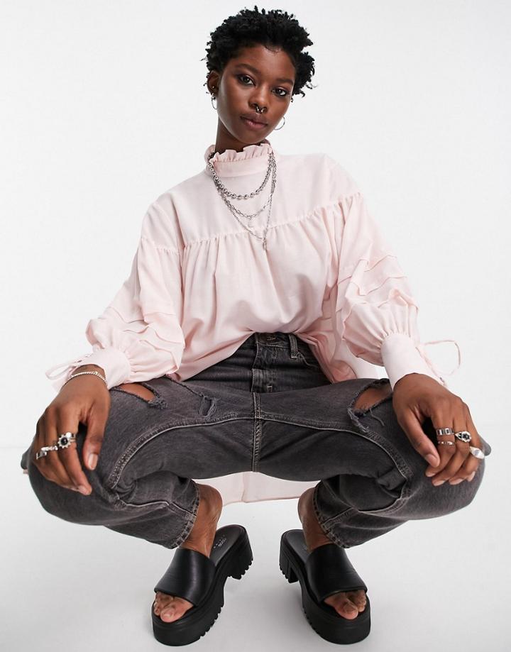 Topshop Pleat Sleeve Smock Top In Blush-pink