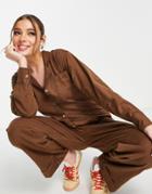 Asos Design Herringbone Twill Slouch Oversized Jumpsuit In Brown-red