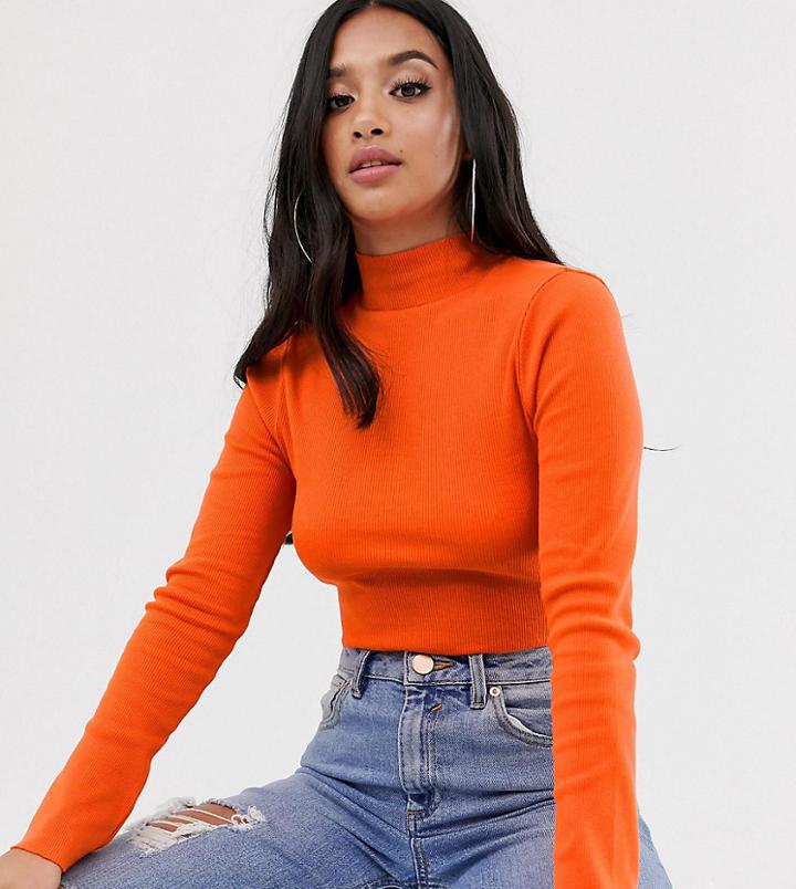 Asos Design Petite Long Sleeve Crop Top With Turtleneck And Raw Hem In Rib In Orange - Pink