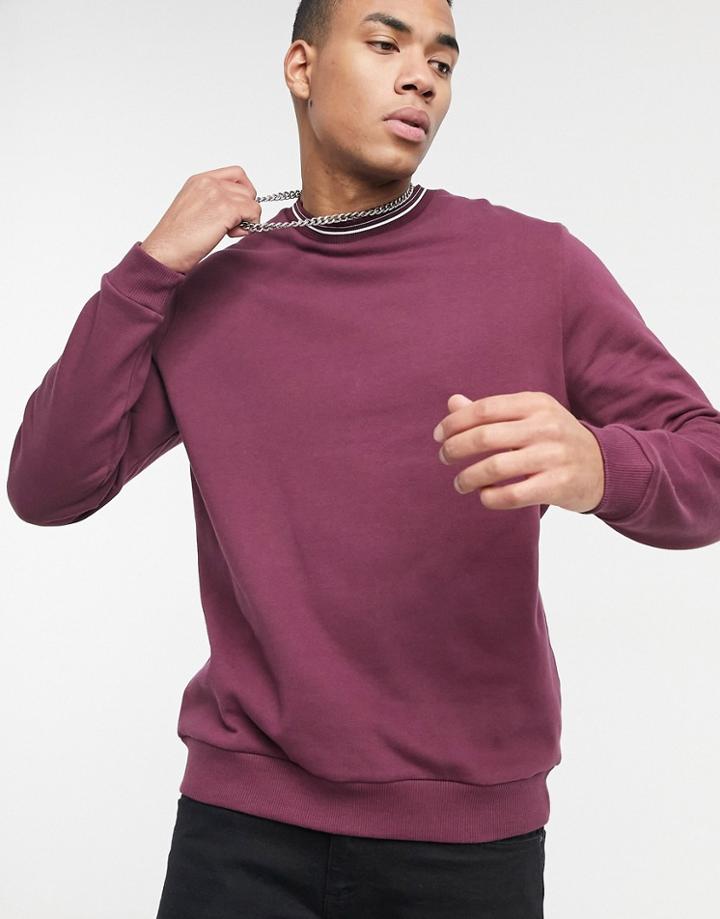 Asos Design Sweatshirt With Contrast Tipping In Burgundy-red