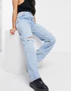 Pull & Bear Dad Jeans In Light Blue With Rips-blues