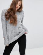 Asos Cable Sweater With Ladder Detail - Gray
