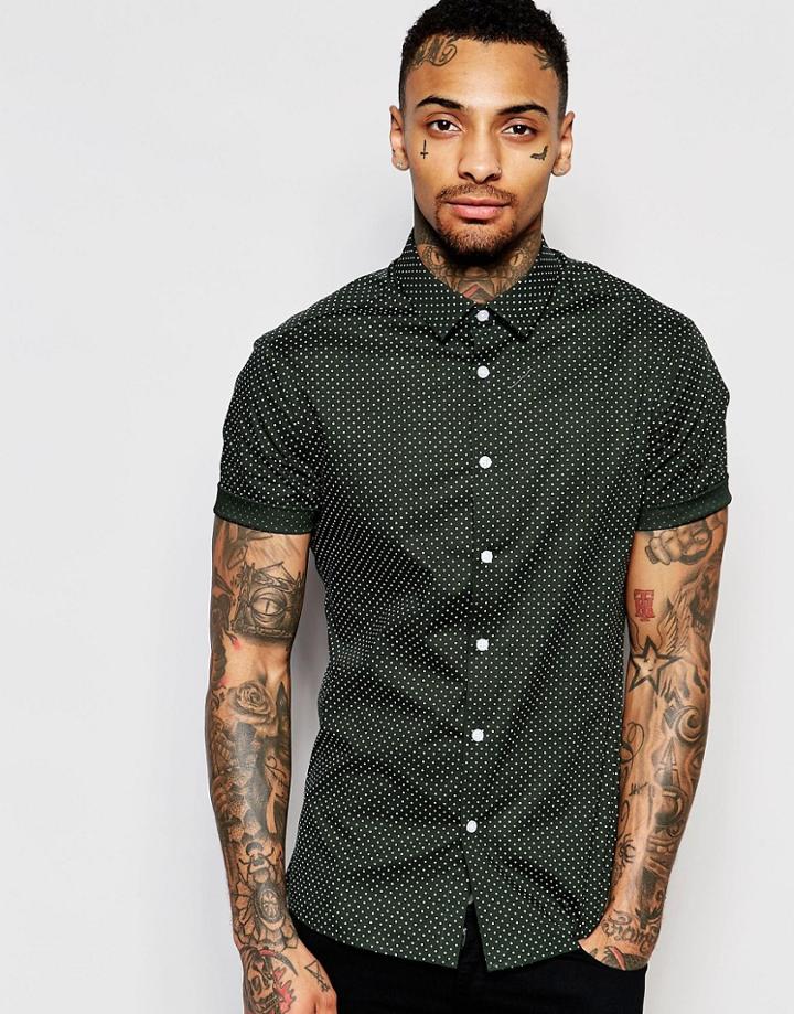 Asos Skinny Shirt In Khaki Polka Dot With Short Sleeves - Khaki