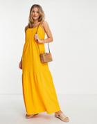 Asos Design Tiered Cami Maxi Dress With Faux Shell Buttons In Yellow-orange