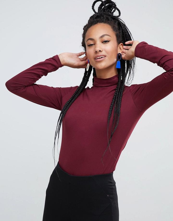 Esprit Jersey Roll Neck Top In Burgundy - Red