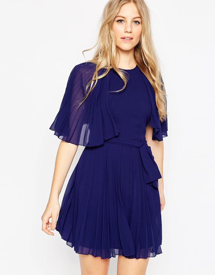 Asos Flutter Sleeve Pleated Mini Dress - Navy