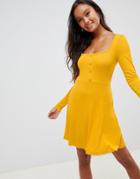 Asos Design Mini Skater Dress In Rib With Button Front - Yellow
