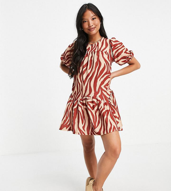 Asos Design Petite Mini Smock Dress In Rust Zebra Print-red