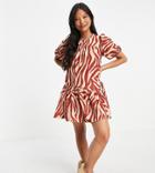 Asos Design Petite Mini Smock Dress In Rust Zebra Print-red
