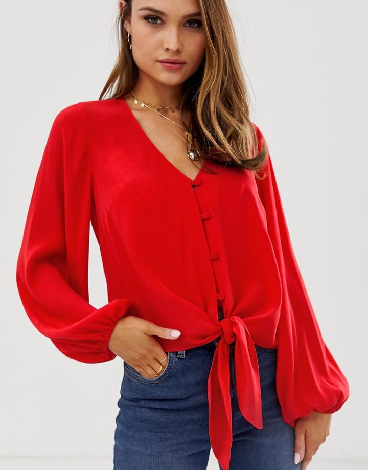 Asos Design Long Sleeve Button Front Top With Tie Detail-red